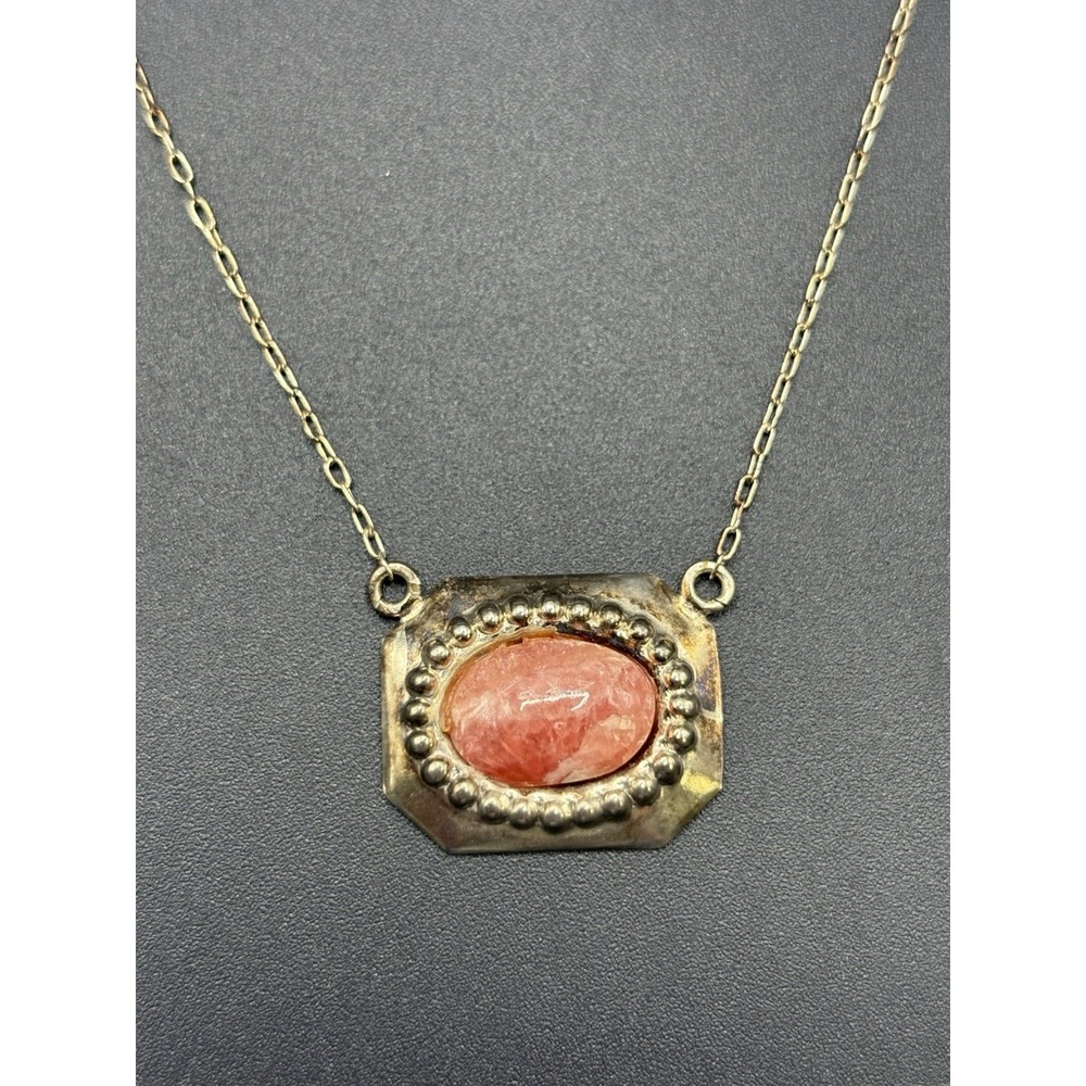 Vintage 16" Sterling Silver Rhodochrosite Pendant Necklace Patina F3